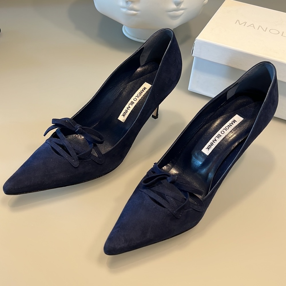 Manolo Blahnik Anieri 70 Navy Suede Pointed Heels NEW - Picture 4 of 8